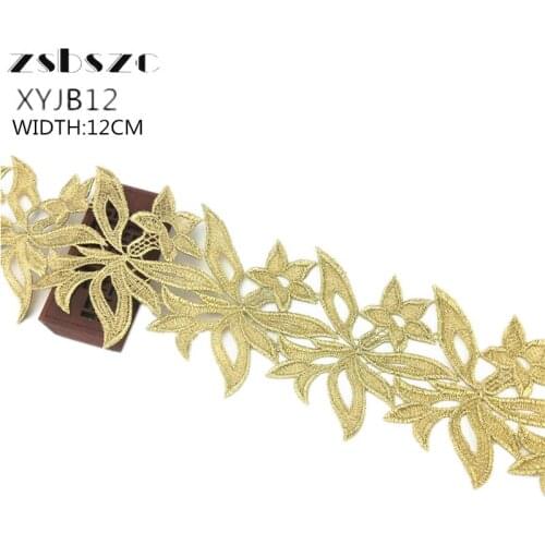 12CM Width 5Yards Gold Flower and Leaf Lace Trim Glitter Crocheted Embroidery Decoration Lace Sewing Craft
