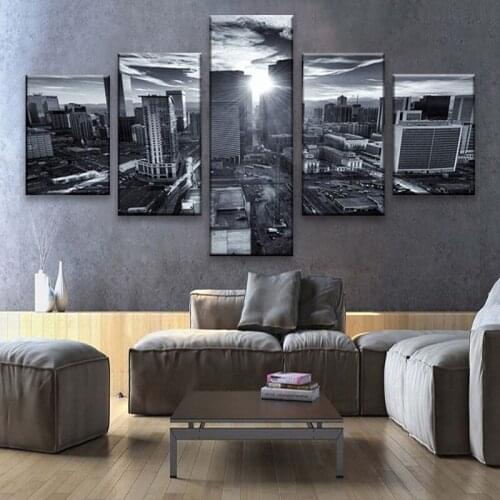 Denver Colorado Cityscape Wall Art Prints 5 Piece Black and White Skyscrapers Panoramic at Sunset Poster Pictures Home Decor