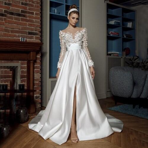 Illusion Sheer Neck A Line Wedding Dress Delicate Applique Long Sleeves Bridal Gown For Woman Stylish Satin Tulle Custom Size