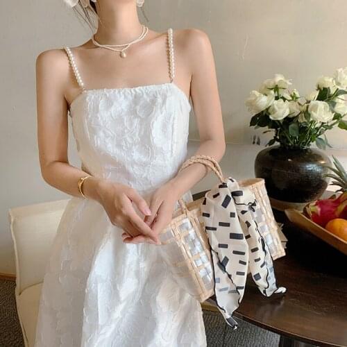 QOERLIN White Jacquard Pearl Sling Dress Women 2021 Temperament Sweet Sleeveless Tunic Sundress Female Plus Size Party Vestidos