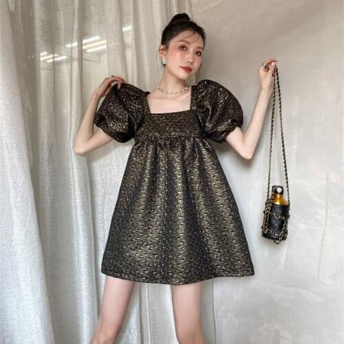 French Retro Golden Puff Sleeve Dress Loose Korean Style High-end Square Collar Cute Kawaii Party Mini Dress Women Princess