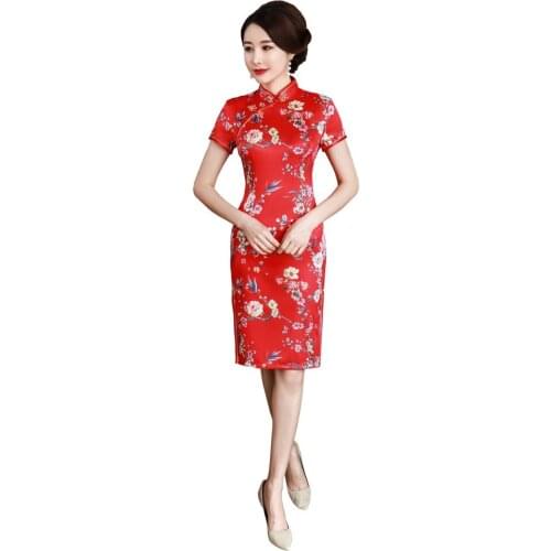 Shanghai Story Short Sleeve Short SLeeve Floral Qipao Knee Length Cheongsam Dress Chinese Oriental Dresses For Women