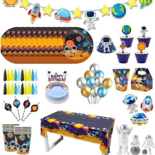 Astronaut Solar Space Birthday Party Dinnerware Supplies Disposable Tablecloth Tableware Candy Cake Box Balloon Decoration Sets
