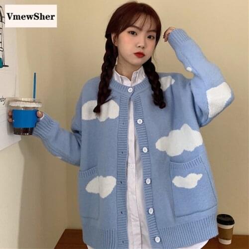 VmewSher New Vintage Cloud Women Cardigan Autumn Winter O Neck Long Sleeve Female Sweater Coat Loose Single Breasted Knit Tops