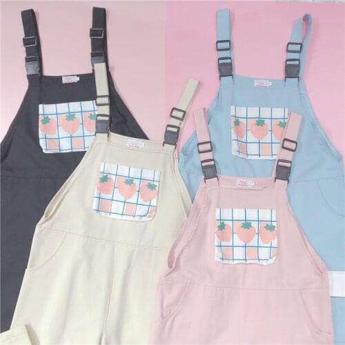 Japan Harajuku Jumpsuits For Women Female Adorable Rompers Cute Girl Casual Straps Pants Strawberry Print Full Length Trousers
