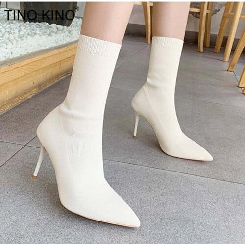 Women Ankle Socks Boots Knitted Pointed Toe High Heels Ladies Stiletto Fashion Pumps Plus Size Autumn Winter Farbic Footwear