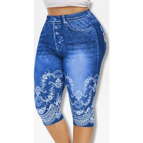 Printed False Denim Yoga Pant 3\4 Women Jeans Leggings High Waist Breeches Pants Super Elastic Jeggings Plus Size 5XL