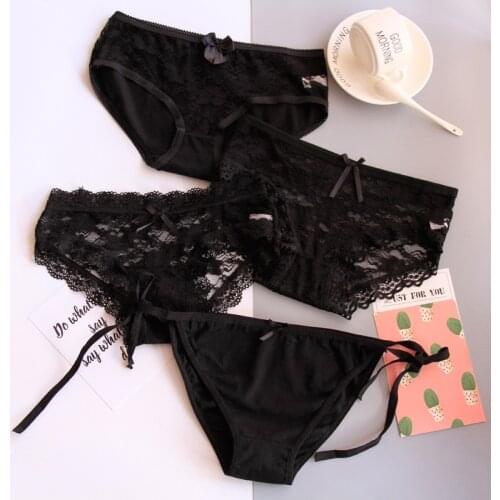 4Pieces/lot Women Panties Cotton Sexy Lace Underpants Black White Gray 3Colors Bow-knot Briefs Girls Soft Knickers