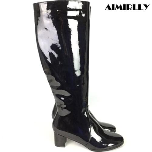 Women Men Boots Round Toe Mid Heel Knee High Boots Genuine Leather Black Patent Winter Autumn Footwear Full Zipper Aimirlly