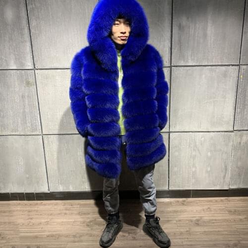 Winter Warm Thick Mens Real Fox Fur Coat Hooded