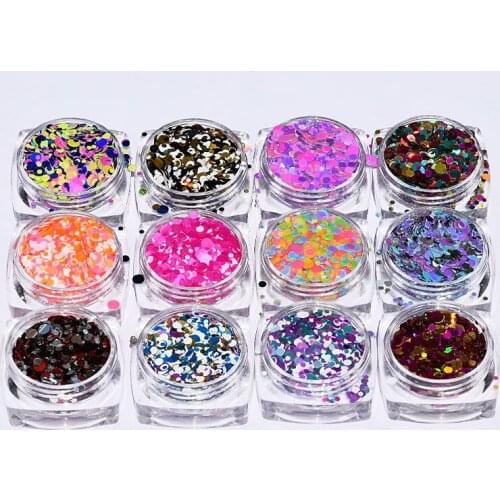12 Boxes/set Round Nail Glitter Sequins Dust Mixed 12 Grids 1/2/3mm DIY Charm Polish Flakes Decorations Manicure Tips Kit