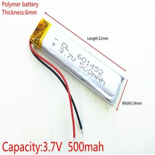 3.7V,500mAH,[601452] Polymer lithium ion / Li-ion battery for MP3,MP4;cell phone,speaker;power bank,DVD,GPS,VR,DVR