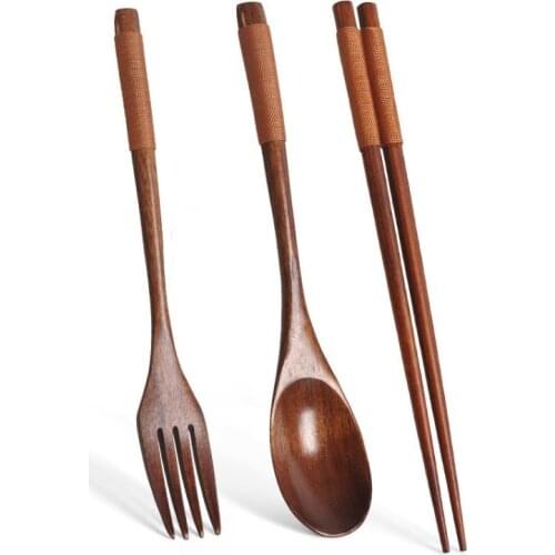 3PCS Portable Wooden Spoon Fork Chopstick Three Kit Wooden Tableware Set Utensils For Kitchen Natural Environmental Dinnerware