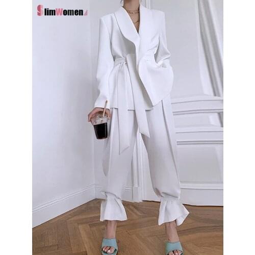 White Elegant Korean Advanced Loose Blazer Winter Women Fashion Blazer High Waist Belt Lace-up Blazers Jacket Suits Female 2021