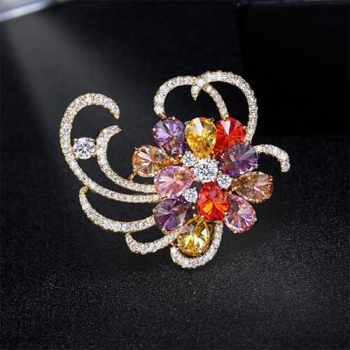 OKILY Delicated AAA Colorful Zircons Floral Brooch for Womens Clothing Luxury Fashion Flower Brooches Pin Jewelry Accessories