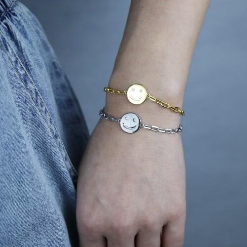 High Quality Gold Color Open Link Chain 15+4cm Micro Pave Clear CZ Happy Smile Full Smiley Face Charm Bracelet For Women Fashion