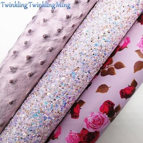 Purple Glitter Fabric, Rose Flowers Printed Leather, Ostrich Synthetic Leather Sheets For Bow A4 21x29CM Twinkling Ming XM697