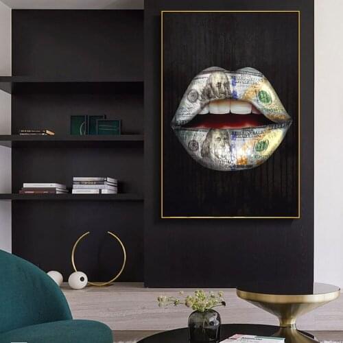 Graffiti Art Money on Mouth Inspirational Canvas Art Posters and Prints Dollars Lips Canvas Paintings on The Wall for Home Decor