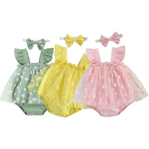 3 Colors Toddler Baby Girls Romper Dress Flower Printing Square Collar Sleeveless Lace Tutu Jumpsuits + Headband Set
