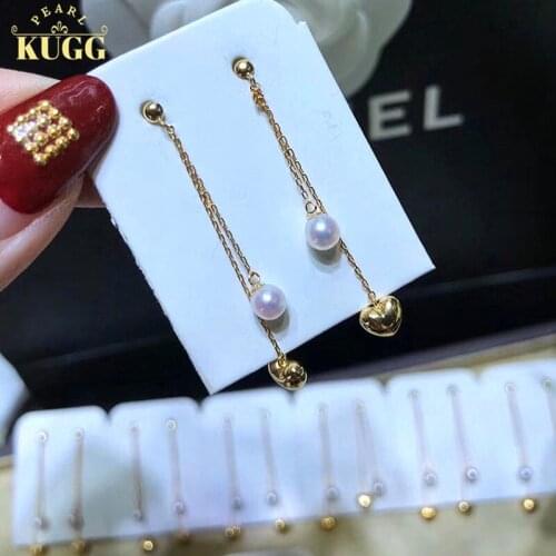 KUGG PEARL 18k Yellow Gold Earrings Natural Akoya White Pearl Earrings Saltwater Pearl Jewelry Long Drop Earrings for Women