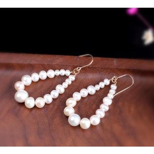 Favorite Pearl Earrings AA 3-10MM Round White Freshwater Pearl Gold Hook Dangle Earring Wedding Party Women Gift Fine Jewelry
