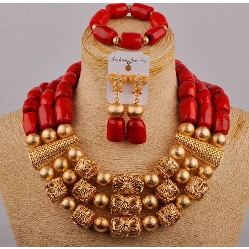 African jewellery Set Nature Original Coral Beads Jewelry Set for Women Fashion 3 Layers Nigerian Necklace for Wedding