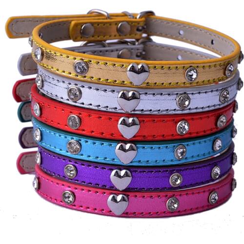 Crystal Studded Dog Collar Heart Shaped accessories Adjustable Leather Collar Necklace Puppy Small Pet Supplies Red Pink Purple