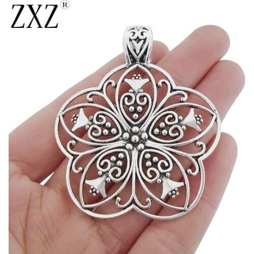 ZXZ 5pcs Tibetan Silver Large Filigree Flower Charms Pendants for Necklace Jewelry Making Findings 65x53mm