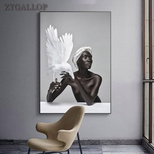 Nude African Woman Poster White Feather and Black Women Canvas Painting Scandinavian Home Decor Wall Painting Unique Art Picture