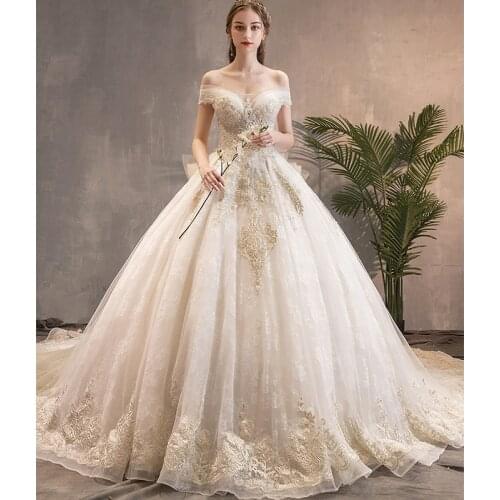 Big Luxury Train Wedding Dress 2021 New Off The Shoulder Princess Ball Gown Wedding Dress 1.5 Meter Train Vestido De Noiva