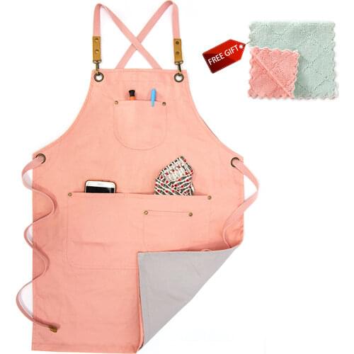 Pink and grey exquisite embroidery beard pattern apron double side canvas couple apron with adjustable straps