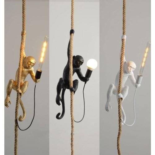 Seletti Resin Monkey Pendant Lights Modern Led Hemp Rope Hanging Lamp Bar Cafe Kitchen Light Fixtures Loft Industrial Home Decor