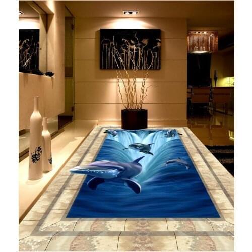 Modern Custom 3D floor mural Marble Dolphin Waterfall 3D Floor non-slip waterproof self-adhesive PVC Wallpaper