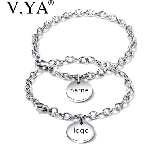 V.YA Fashion Personalized Couple Name Bracelets for Women Men DIY Engraved Stainless Steel Chain Link Bracelets Jewelry Dropship