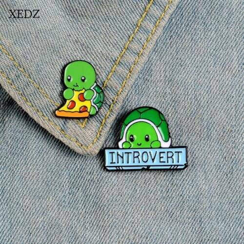 XEDZ Hot Cute green little turtle eat pizza turtle brother brooch fashion personality animal INTROVERT text badge denim gift
