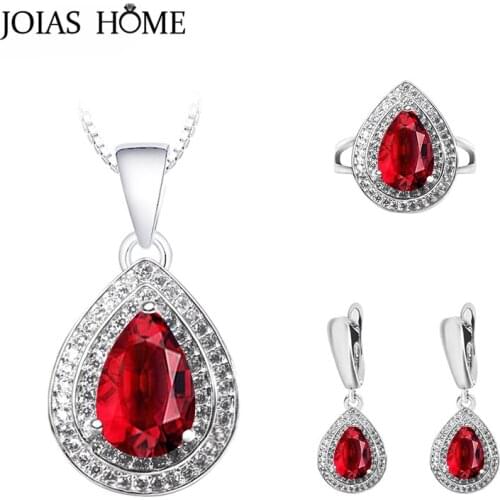 JoiasHome Trendy Sterling Silver 925 Jewelry Sets for Women Ring Earrings Necklace Wedding Water Drop Shaped 16 colors Gemstones