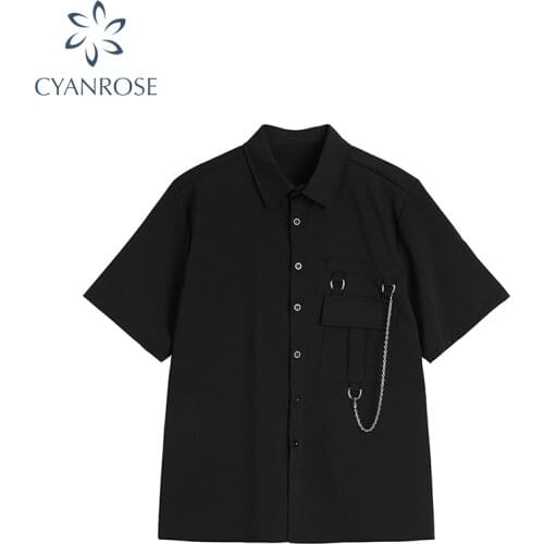 Fashion Women Black Gothic Blouse With Chain Short Sleeve 2021 Summer Streetwear Oversize Harajuku Hip Hop Punk Shirt Female