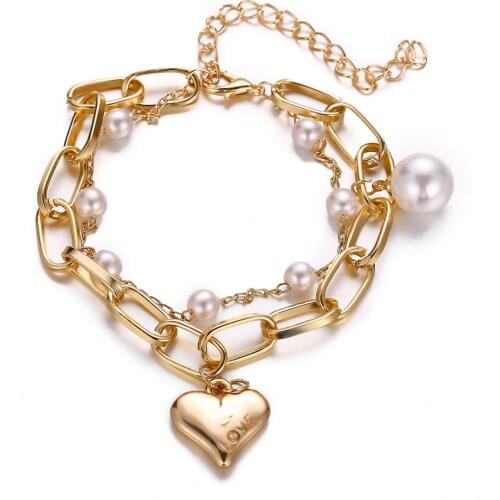 Female Bracelets Chain Blank Love Heart Charms Bracelet For Women Gold Color Pearl Bracelet Femme Gift