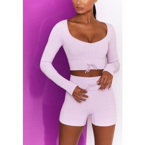 Women Sport Suit 2 Pcs Gym Clothing Set Workout Clothes Gym Long Sleeve Fitness Crop Top + High Waist Seamless Workout Shorts