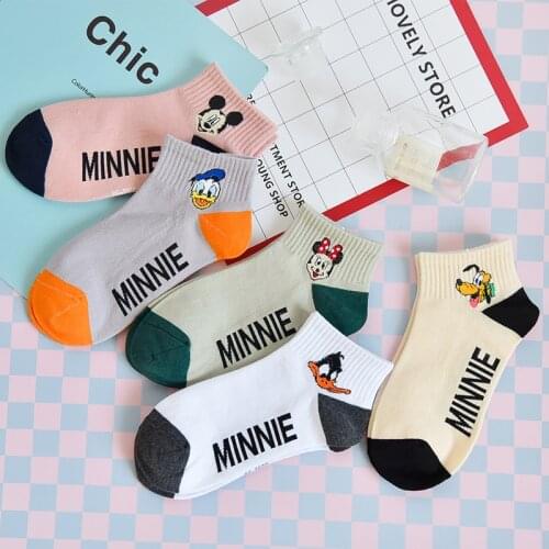 5Pairs Disney Women Girls Socks Mickey Mouse Cotton Woman Girls Fashion Boat Cute Socks Ankle Low Anime Donald duck Autumn Sock