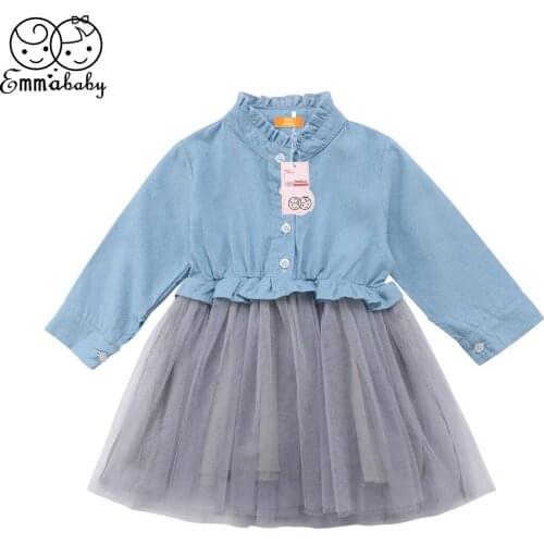 Princess Ball Gown Dress Kids Baby Girl Clothes Casual Long Sleeve Denim Tulle Tutu Party Dress Fashion Girls Lovely Dresses