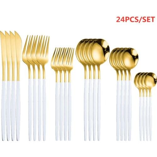 White Gold Cutlery Set Gold Forks Spoons Knives Chopsticks Dinnerware Set Stainless Steel Flatware Silverware Kitchen Dinner Set