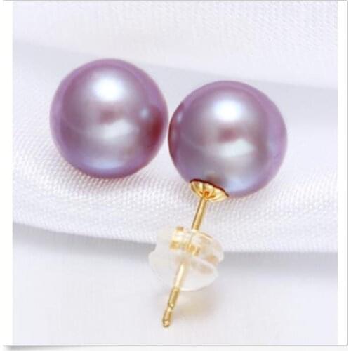 Free shipping gorgeous 9-10mm south sea round lavender pearl earring 18k