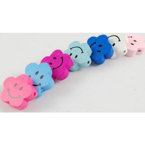 50Pcs Mixed Color Natural Wood Smiling flower Wooden Beads for Diy Jewelry Making Kids Pacifier Chain Accessories Wholesale Bulk