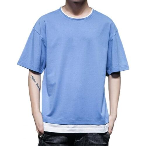 Summer Men T-shirt Fake Two Piece Solid Color Summer Short Sleeve loose Round Neck Top Men Streetwear T-Shirts 2021