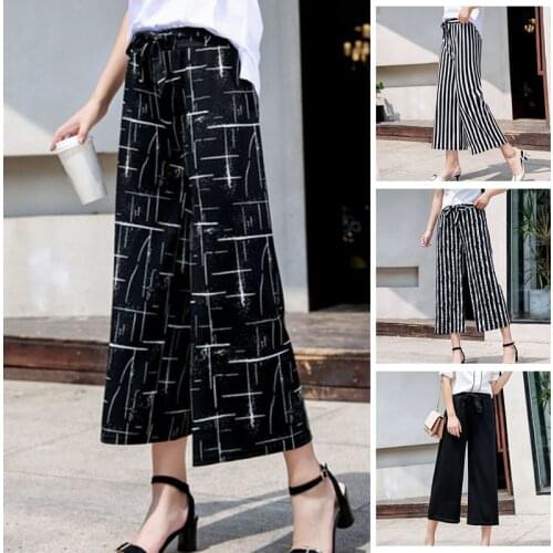 Summer New Striped Style Black Loose High Waist Cropped Casual Pants Women One Size Chiffon Wide-leg Pants Plus Size