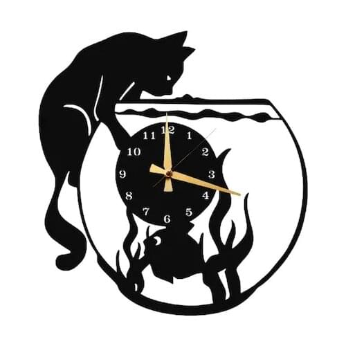 Cat and Fish Bowl Metal Wall Clock Decoration Home Office Decor and Living Room Decoration on Wall Hanging Watch