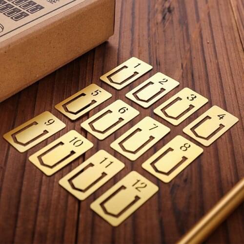 12PCS/Set Metal Hollow Bookmark with Kraft Box Book Page Holder Clip Vintage Brass Mini Digit Clip Stationery Office Supply