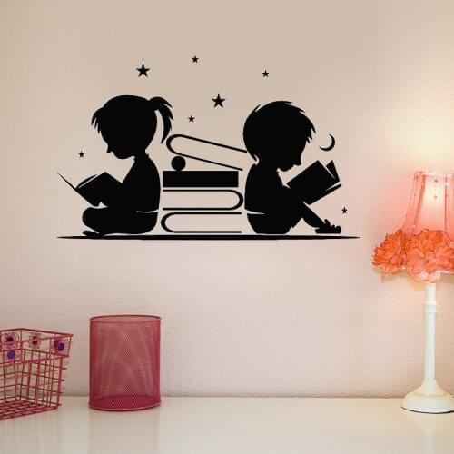 Boy Girl Read Books Wall Sticker Stars Moon Wall Art Murals Library Reading Corner Wall Decor Children Room Nursery Decoration