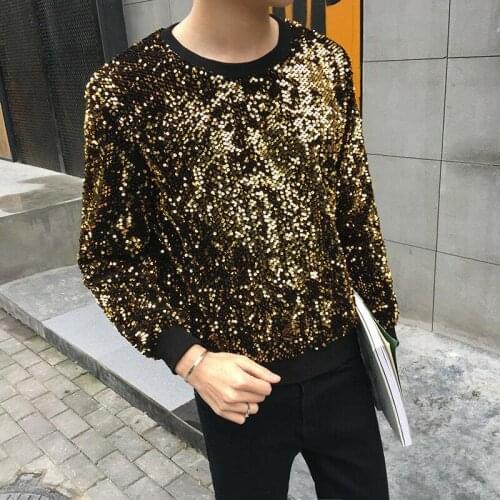 Dj Clothes Round Neck Fashion Casual Shirt Men Long Sleeve Sequin Bling Glitter Pullover Shirt Top Shiny